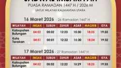 Jadwal Imsakiyah Ramadan 1447 H untuk Wilayah Kalimantan Utara (26 Ramadan 1447 / 27 Ramadan 1447)