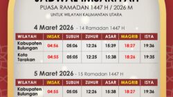 Jadwal Imsakiyah Ramadan 1447 H untuk Wilayah Kalimantan Utara (14 Ramadan 1447 / 15 Ramadan 1447)