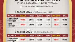 Jadwal Imsakiyah Ramadan 1447 H untuk Wilayah Kalimantan Utara (18 Ramadan 1447 / 19 Ramadan 1447)